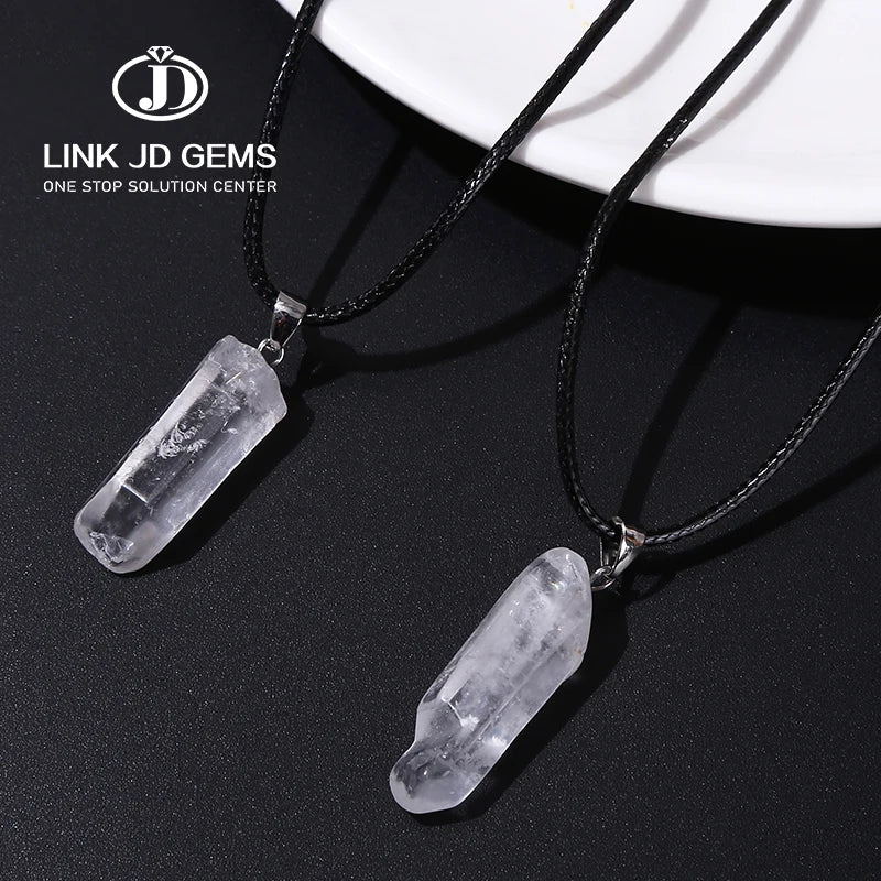 JD Women Fashion White Clear Quartz Leather Rope Healing Choker Natural Rock Crystal Stone Columen Pendant Necklace