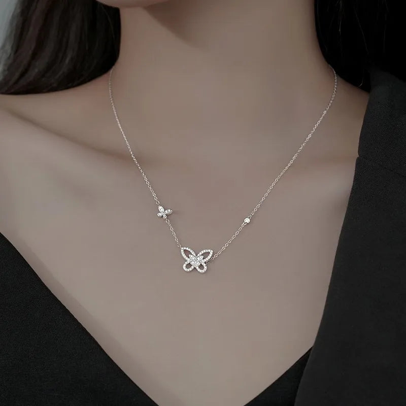 Elegant Fine Jewelry 925 Sterling Silver Full Diamond Butterfly Pendant Fashion CZ Diamond Necklace