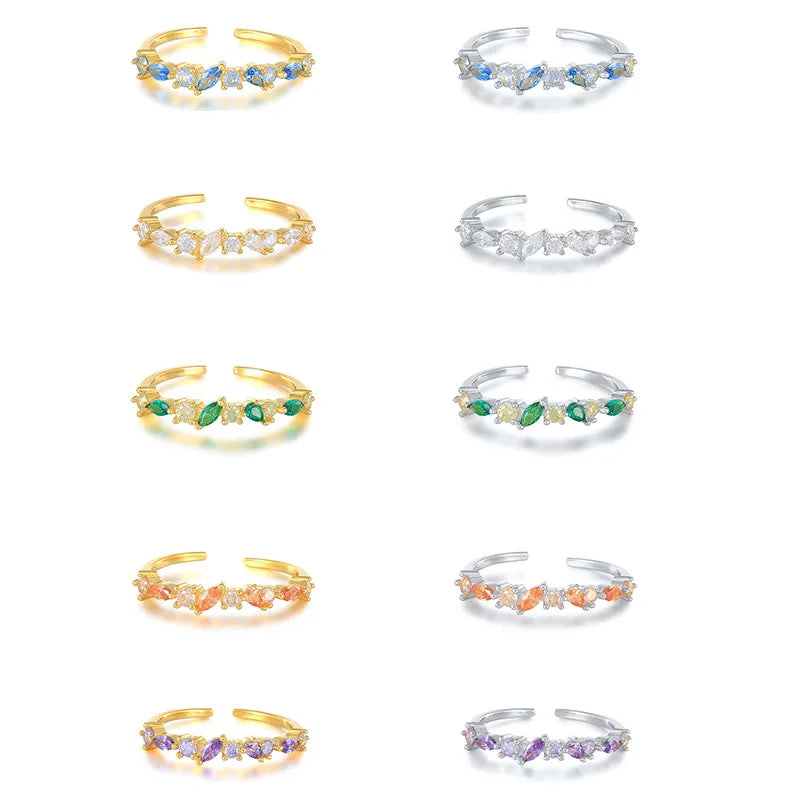Wholesale Fashion Jewelry 925 Sterling Silver Multicolored Colorful Zircon Gold Plated Open Rings for Women