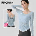 RUIQUWIN Custom Quick Drying Mesh Sports T-shirt Running Fitness Top Yoga Gym Tops Women Long Sleeve New Sexy Yoga Smock