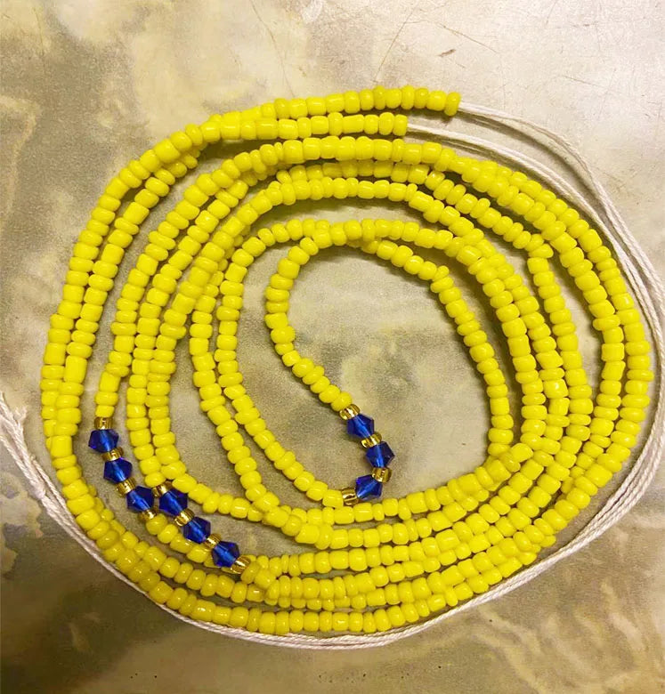 Yellow Glass Seed Beads Blue Crystal Bead Tie on Waist Beads Belly Body Chain with Clasp Double Cotton String for Ladies