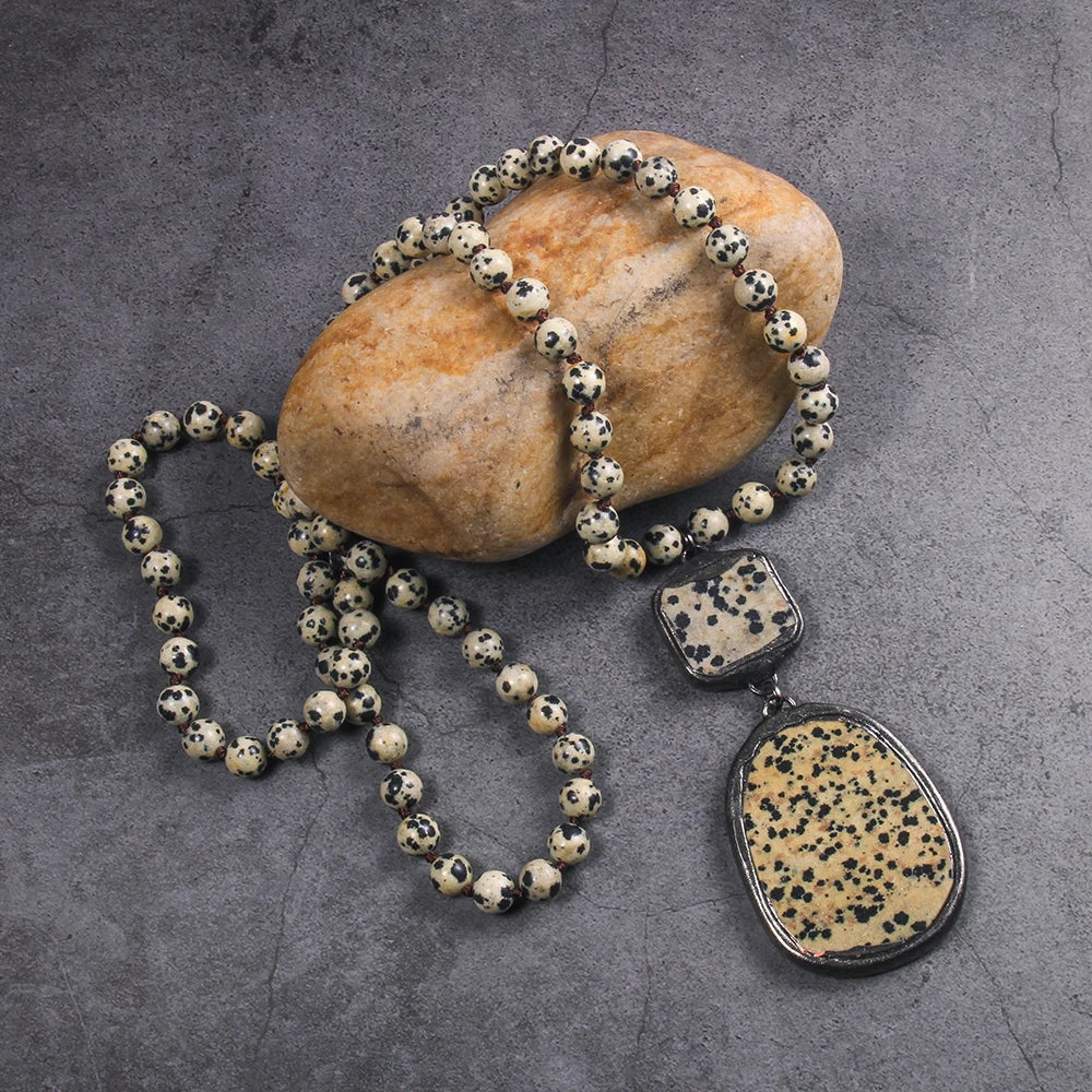 Fashion Bohemia Women's Jewelry 8mm Natural Stone Knot Necklace Plated Gun Black Round Glass Block Stone Pendant Necklace