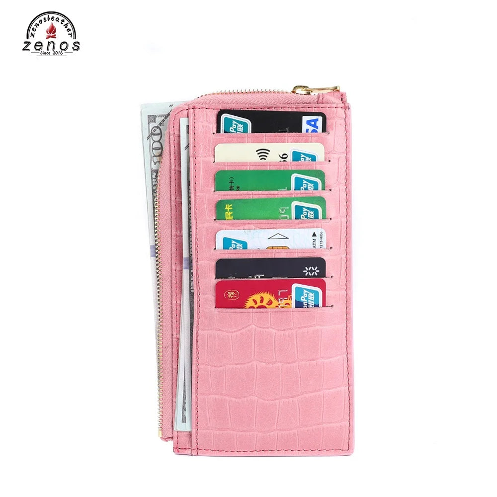 Zenos Women's Large Capacity Leather Wallet with Custom LOGO Simple Style Business Card Case and Card Holder