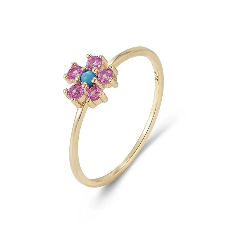 Trendy Cute 925 Sterling Silver 14K Gold Plated Zircon Pink Natural Turquoise Daisy Flower Ring for Women