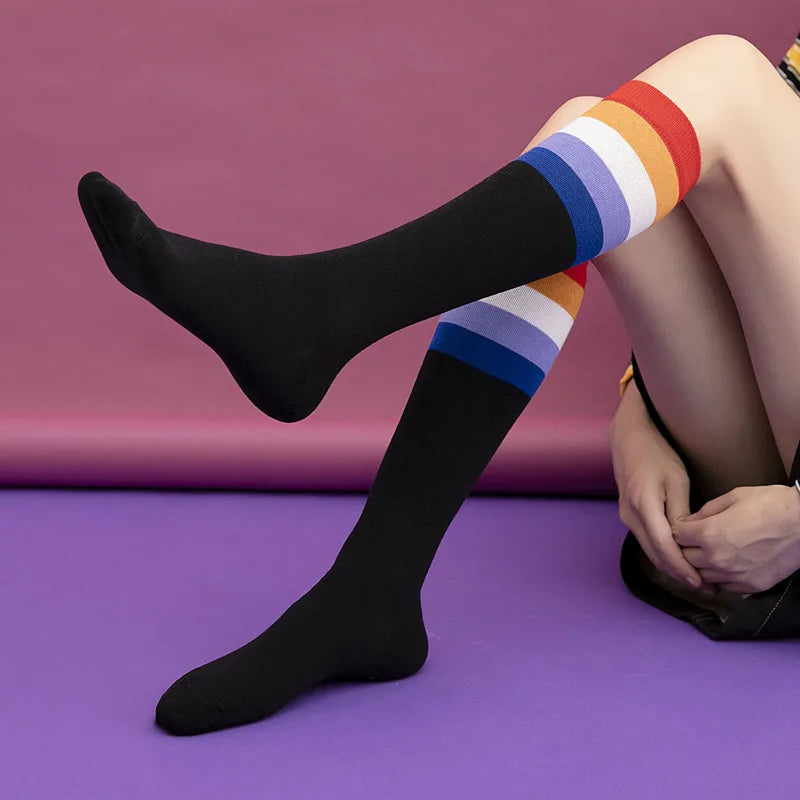 Wholesale Personality Net Red Ins Rainbow Striped Socks Street Sports Calf Socks Knee Socks