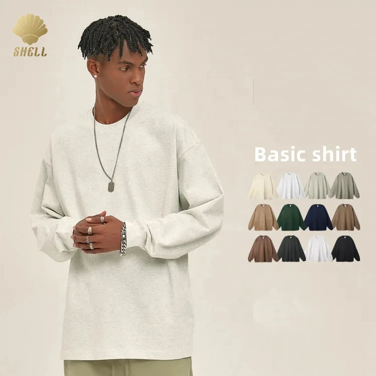 CNSHELL 305gsm 21S Knit Wider Neck Edge Pure Color Basic Rib Cuff Crew Neck Oversize Men's Shirts Full Sleeve