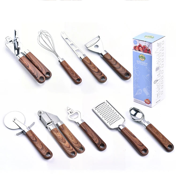 Luxury Wood Texture 9 Pieces Kitchen Accessories Tool Gadget Set With Whisk Garlic Press Can Opener Ice Cream Scoop Cheese Knife