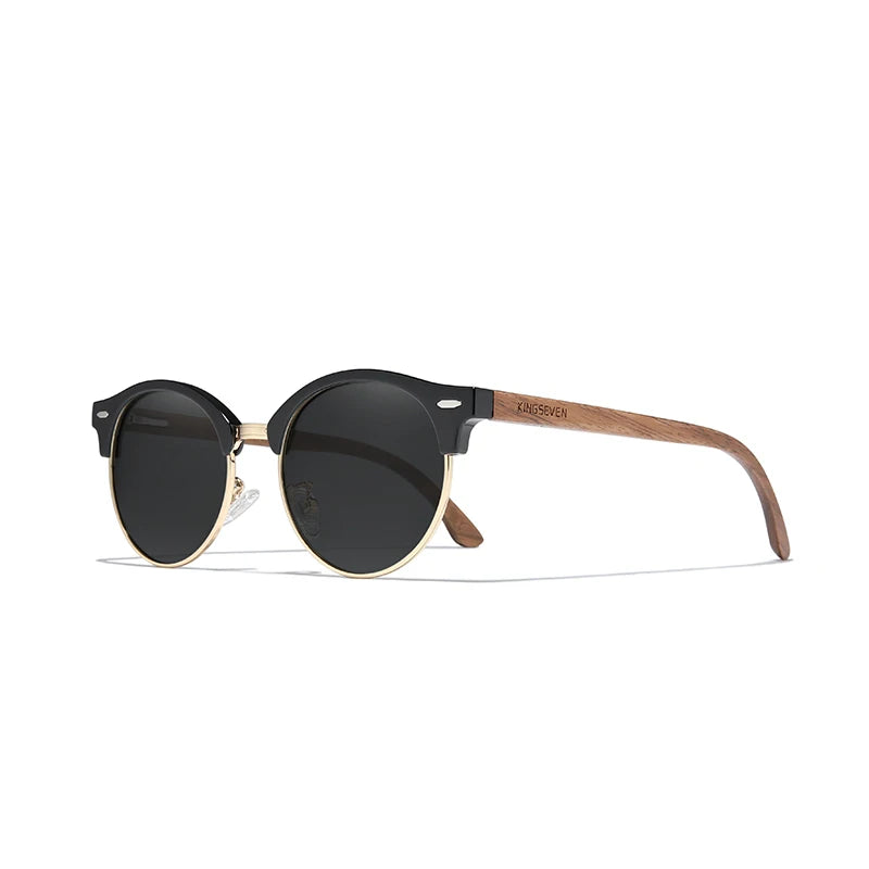 KINGSEVEN Handmade Black Walnut Wooden Round Half Rim Polarized Eyewear UV400 Retro Unisex Sunglasses 2022 Model 5517