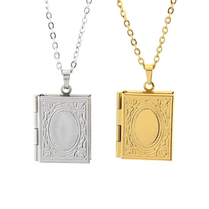 Carved Designs Round Photo Frame Pendant Necklace Stainless Steel Charms Locket Necklaces Women Men Fashion Memorial Jewelry