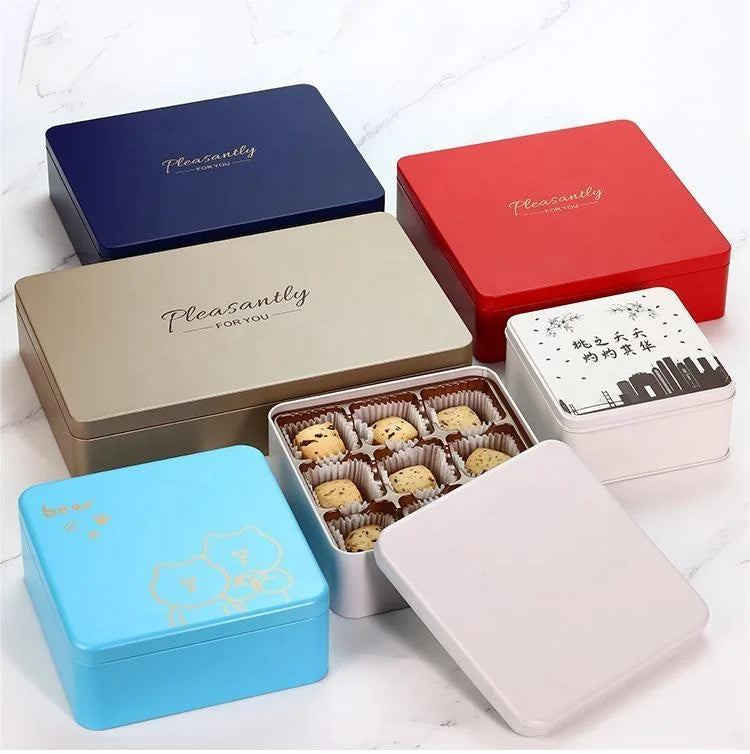 Custom Logo Square Rectangle Metal Cake Tins for Mooncake Cookie Chocolate Snack Bread Pet Food Packaging Recyclable