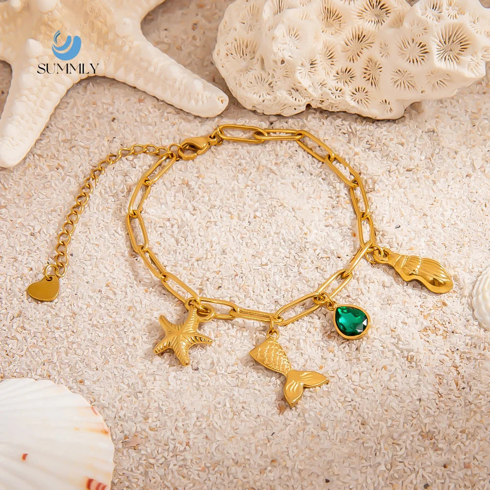 SUMMLY Trend Wholesale Classic Personalized Ocean Style Pendant 18K Gold Plated Stainless Steel Bracelet Fashion Jewelry