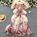 LW0997 Sexy One-Shoulder Chiffon Print Senior Ruffled Waist Slimming Holiday Dresses Women Lady Elegant Modest
