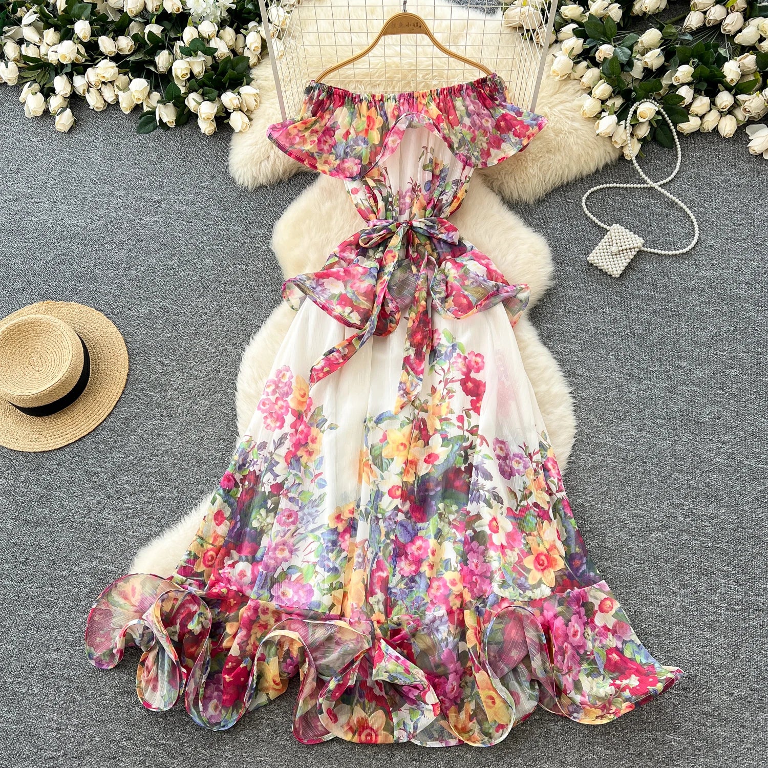 LW0997 Sexy One-Shoulder Chiffon Print Senior Ruffled Waist Slimming Holiday Dresses Women Lady Elegant Modest