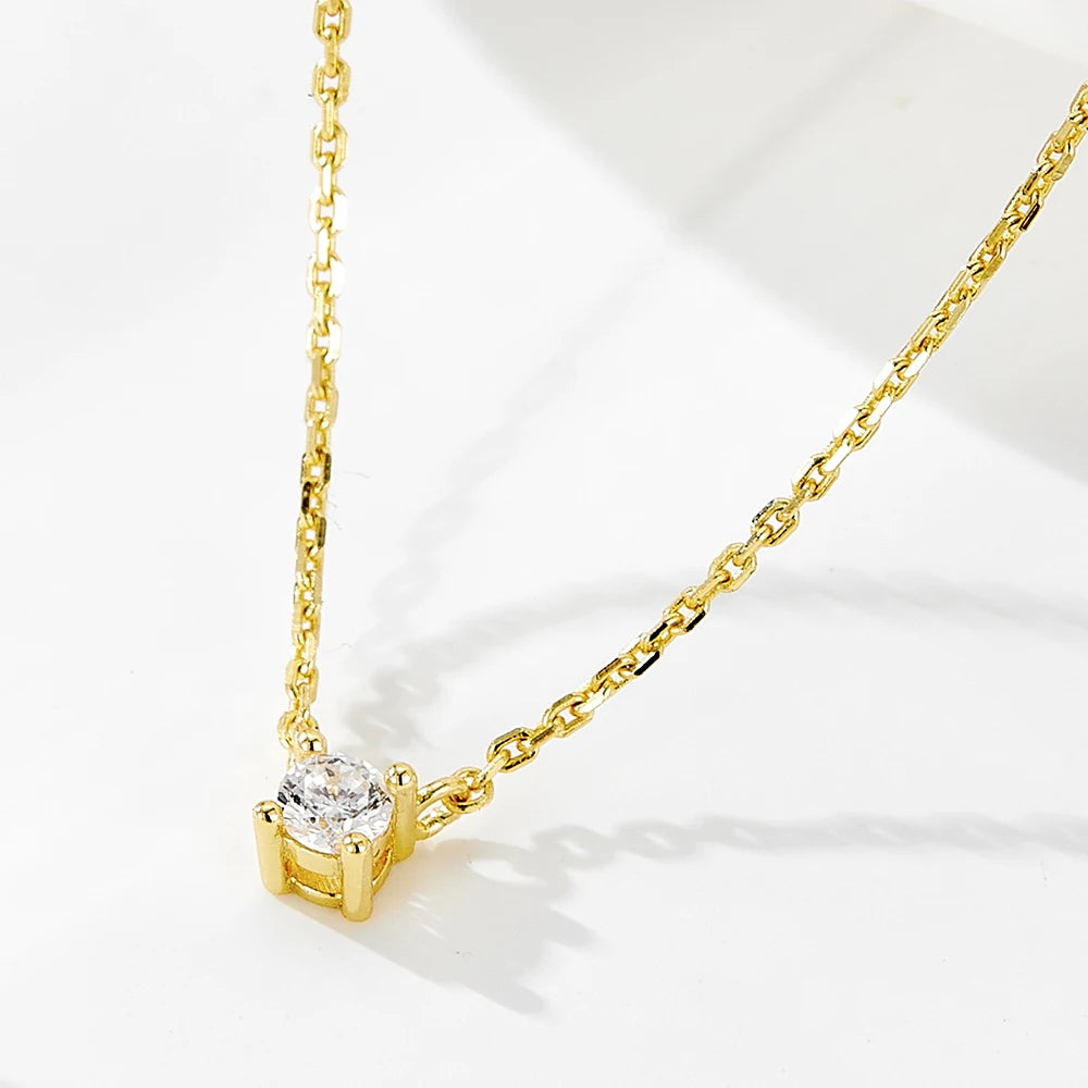 Korean Simple S925 Sterling Silver Four Claw Single Fine Pendant Elegant Gold Plated Cz Clavicle Chain Necklace Fine Jewelry