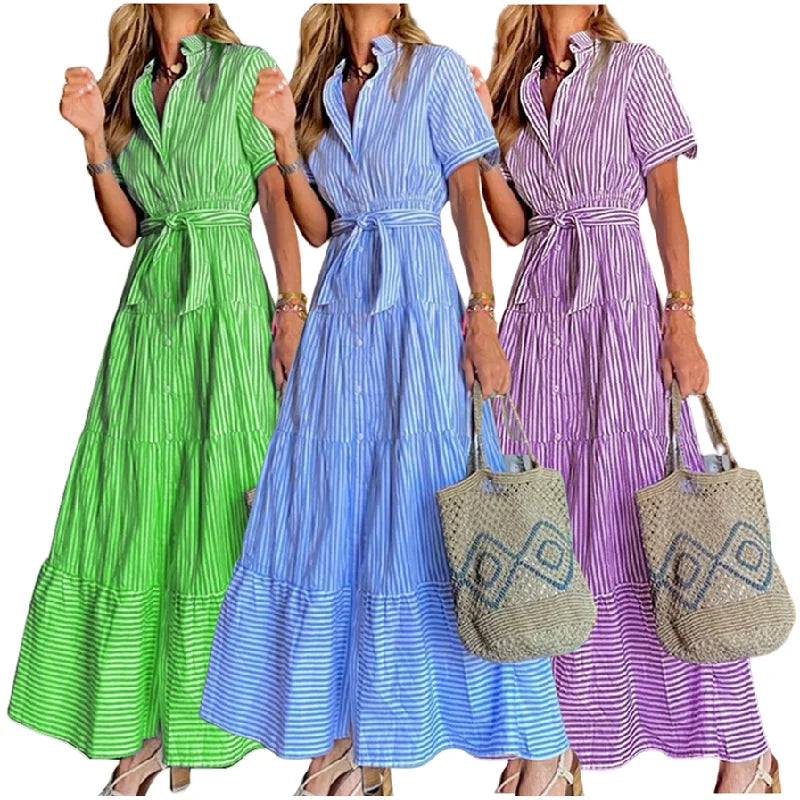 FD492 Hot Selling Summer Dresses for Women Elegant Stripe Printed Short Sleeve Loose Shirt Dress Long Maxi Dress for Ladies