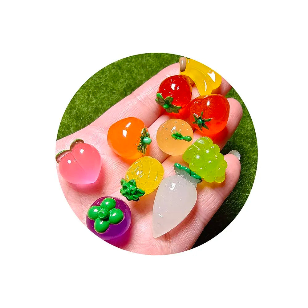 Mini Luminous Fruits Figurines Peach Banana Strawberry Resin Tiny Artificial Fruit Vegetables Glow at Night Miniature Food Charm