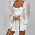 Simple Chiffon Puff Long Sleeve Ruched Satin Bustier Boned Padded Mini Girl Dress Casual Dress
