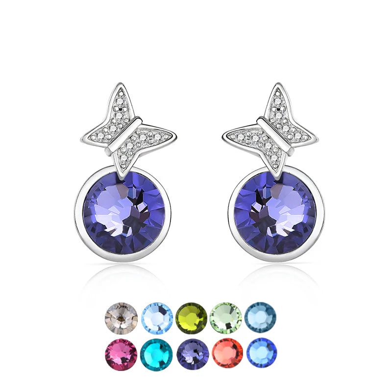 Simple fashion 925 sterling silver round crystal stud earrings creative CZ diamond butterfly stud earrings for women