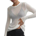 Fashion White Elegant Striped See Through Women Tee Tops Outfits Long Sleeve T-Shirts Skinny Club Party Ladies T Shirts