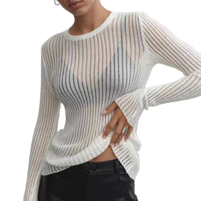 Fashion White Elegant Striped See Through Women Tee Tops Outfits Long Sleeve T-Shirts Skinny Club Party Ladies T Shirts