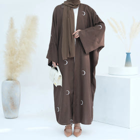 Islamic Clothing Loriya Latest Muslim Women Moon Embroidery Open Abaya Dress With Slit Sleeves EID Linen Abayas for Women Muslim