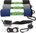 Custom Eco-Friendly Microfiber Waffle Pattern Golf Ball Cleaning Towel Quick Drying with Brush and Hanging Hook Golf Towel Set