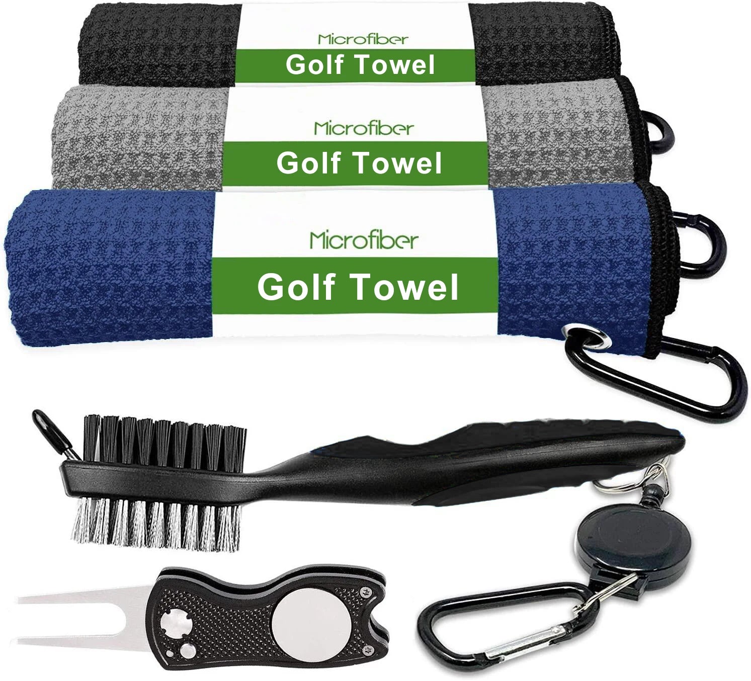 Custom Eco-Friendly Microfiber Waffle Pattern Golf Ball Cleaning Towel Quick Drying with Brush and Hanging Hook Golf Towel Set
