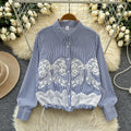 LW0594 Chic Bow Lace Embroidery Striped Shirt Women'S Design Sense Draw Rope Waist Shirt Blouses Elegant Women Ladies