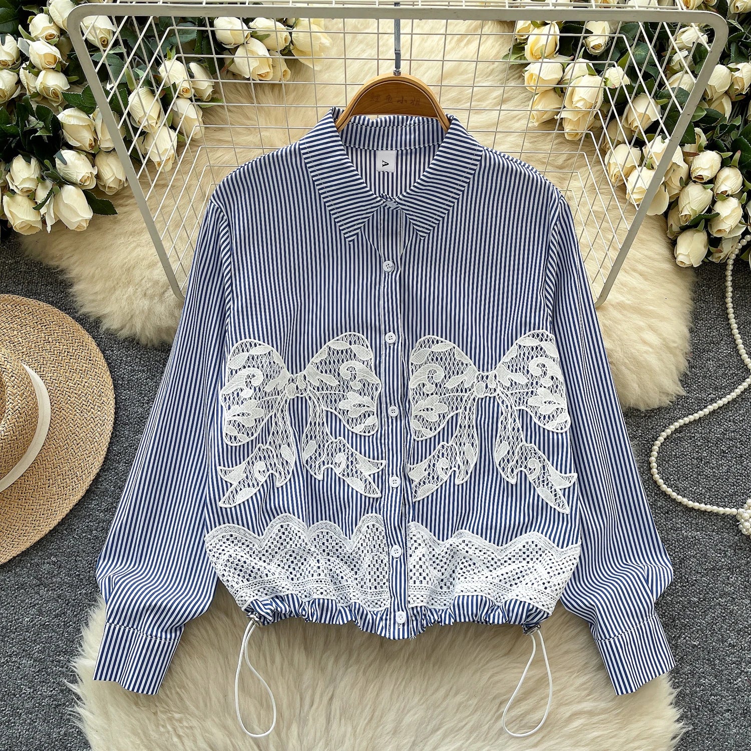 LW0594 Chic Bow Lace Embroidery Striped Shirt Women'S Design Sense Draw Rope Waist Shirt Blouses Elegant Women Ladies