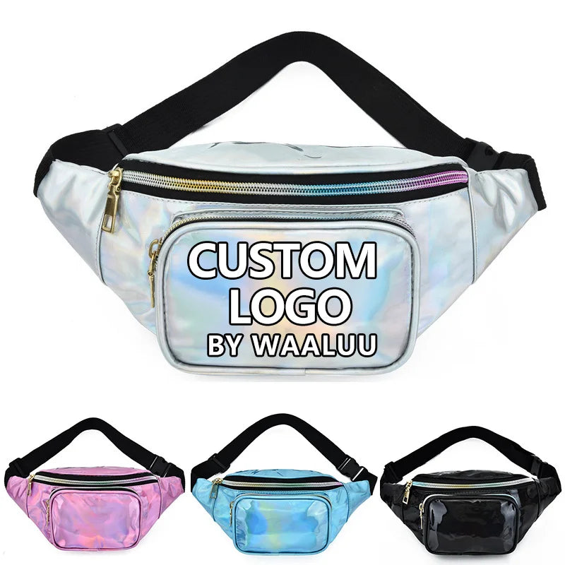 WAALUU  Popular Holographic Fanny Pack Custom Waterproof Laser PU Leather Waist Bag Ladies Gold Silver Fanny Pack