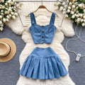 Professional Custom Factory Direct Vintage Two Piece Set Crop Top Mini Denim Skirt Above Knee Length Solid Pattern Woven