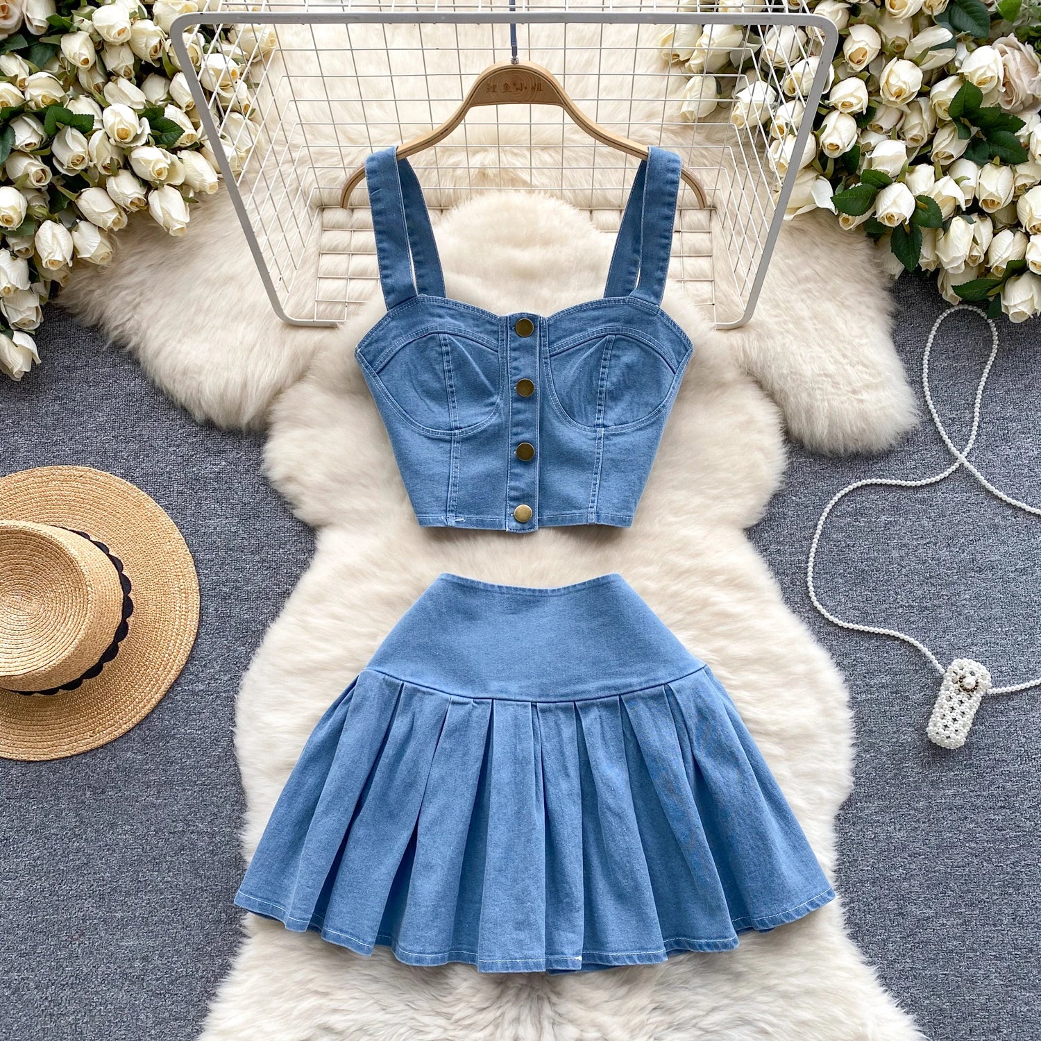 Professional Custom Factory Direct Vintage Two Piece Set Crop Top Mini Denim Skirt Above Knee Length Solid Pattern Woven