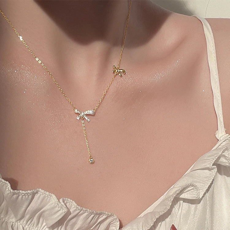 2025 Fashion Design S925 Gold Plated Zircon Bowknot Charm Chain Necklace