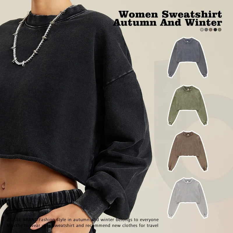 Custom Pullover Streetwear Women Washed Loose Sweatshirts Vintage Crewneck Long Sleeve Crop Tops