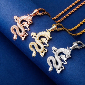 Hip Hop Style Chinese Traditional Long Pendant Necklace Iced Cubic Zirconia Ornaments As Lucky Symbol Rapper Mascot Fashion Gift