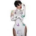 Sexy Short Sleeve Butterfly Print Chinese Cheongsam Women High Slit Birthday Wedding Party Long Dress Bodycon Club Prom Dress
