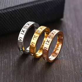 Minimalist New Designer Stainless Steel CZ Inlaid Hollow Roman Number Fashion Couple Ring for Women Finger Jewelry R-246