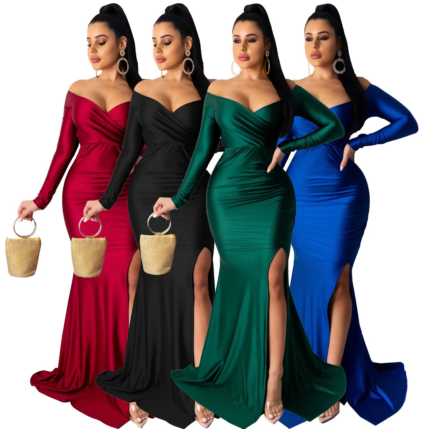 AL143 New Arrival Gowns for Women Evening Dresses High Split Long Sleeve V Neck Maxi Dress Ladies Long Party Dresses Women