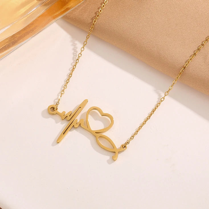18K Gold Plated Stainless Steel Hollow Out ECG Necklace Heartbeat Shape Clavicle Chain Necklace for Women