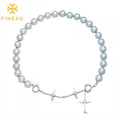 Vintage Luxury Reflective High Quality Cross Pendant Imitation Opal Beaded Pearl Choker Necklace for Women