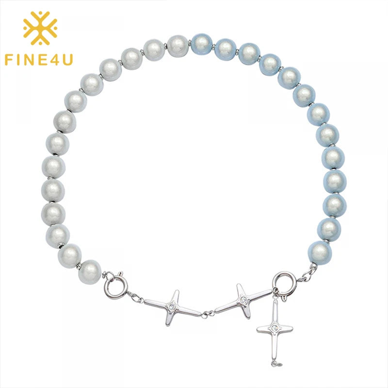 Vintage Luxury Reflective High Quality Cross Pendant Imitation Opal Beaded Pearl Choker Necklace for Women
