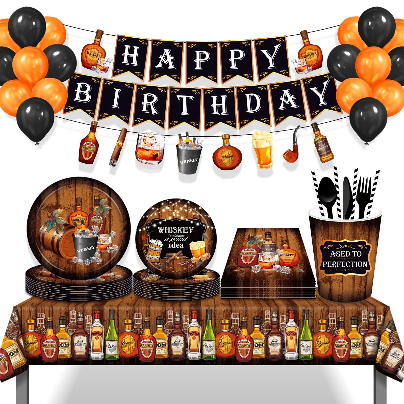 Huancai Whiskey Party Supplies Paper Plates Cups Napkins Disposable Tableware Set Aged to Perfection Birthday Party Decorations