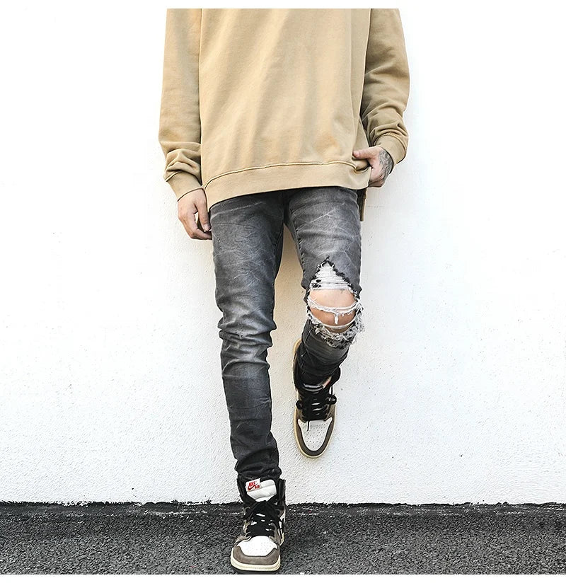 OEM FOG Private Drop Shipping Stock Top Brand Skinny Ripped Grey Denim Men Jeans