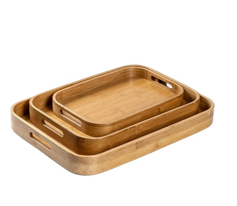 Modern Rectangular Solid Wood Tea Serving Tray Breakfast Food Coffee Platter Easy Hold Handles Large Bamboo Storage Trays