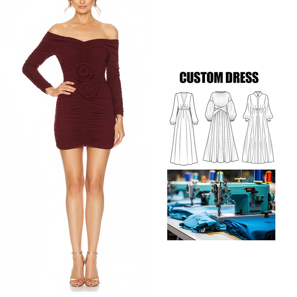 Brand Custom Spring Long-Sleeve Mini Club Dress for Women Light 3D Flowers French Cut Pleated Hip Dress