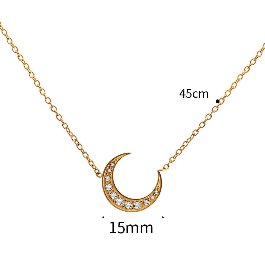 Super Shining Micro Pave Cubic Zircon Gold Silver Plated Stainless Steel CZ Moon Pendant Necklace Main Stone Pearl Chains Type