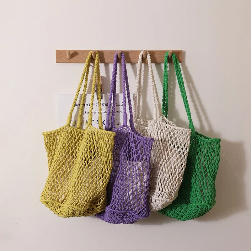 Cotton Rope Woven Bag Large Capacity Mesh Single Shoulder Straw Woven Bag Handmade Female Leisure Holiday Beach Bag