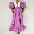 Wholesale Buttoned Belted Court Style Clothing French Vintage Floral Puff Sleeve Long Dress Vestidos Dresses Women Lady Elegant