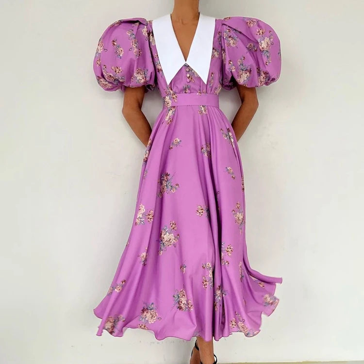 Wholesale Buttoned Belted Court Style Clothing French Vintage Floral Puff Sleeve Long Dress Vestidos Dresses Women Lady Elegant