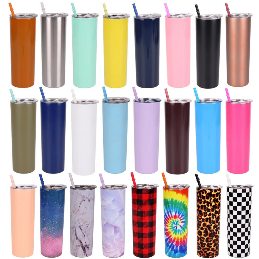 16oz 20oz Double Wall Stainless Steel Insulated Skinny Tumbler in Bulk with Lid and Straw Cup